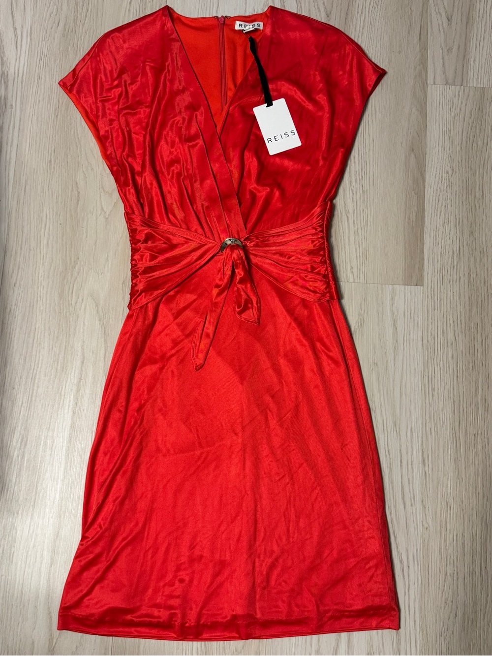 $300 Reiss Sammie Ruched Tie Front Faux Wrap Dress red watermelon v-neck new nwt